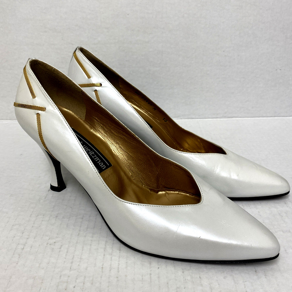 Stuart Weitzman White Pump Leather Gold Slim Heel Classic Vintage Almond Toe 10 - Picture 2 of 10